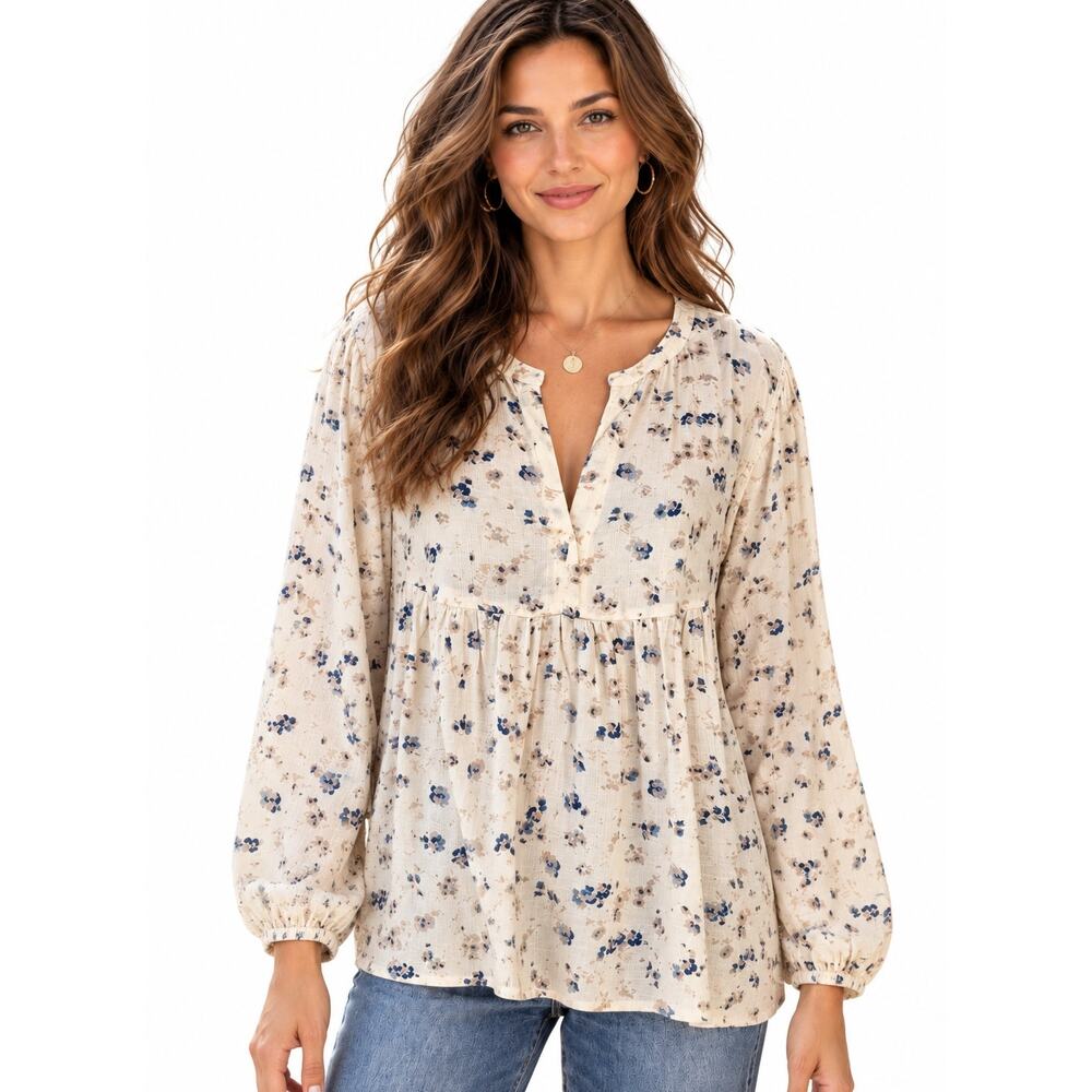 Lucky Brand Floral Babydoll Peasant Top Womens Large Cream Balloon Sleeve Boho